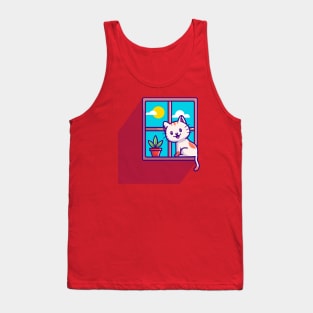 Cute Cat Sitting On Window Cartoon Tank Top